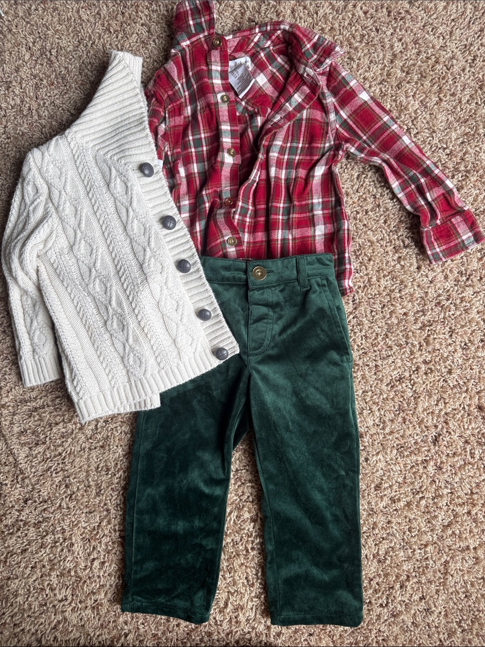 Tommy Bahama Red Plaid Button-Down Shirt with Green Corduroy Pants and sweater